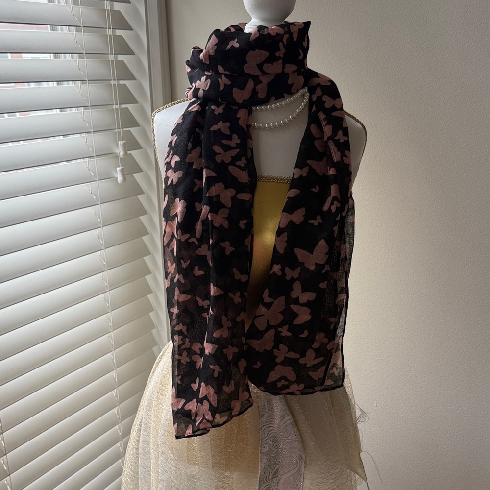 Elegant Black and Pink Butterfly Scarf